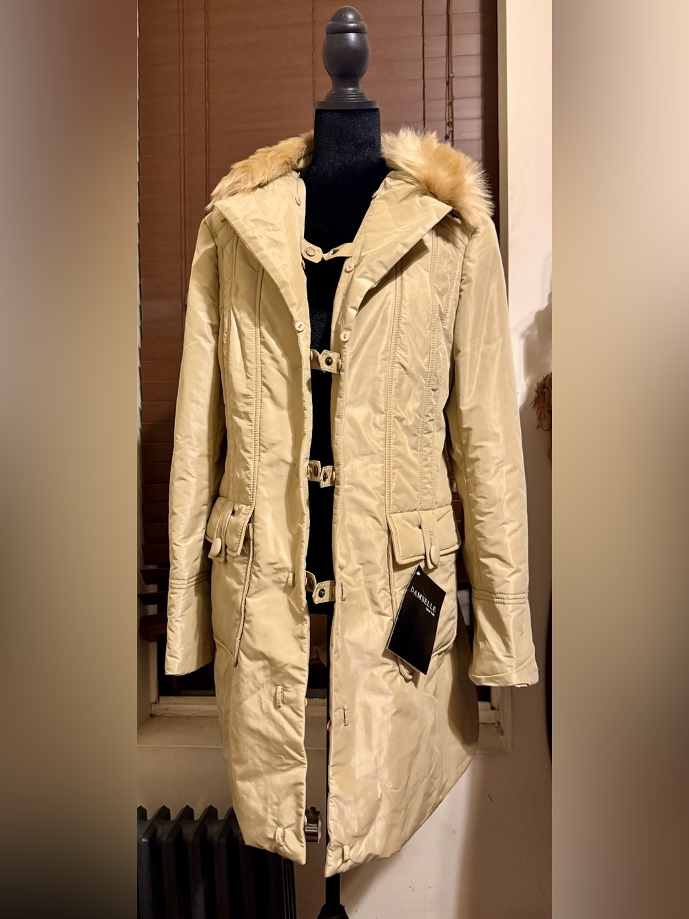 Damselle New York Women's Beige Hooded Fur Trim Mid-Length Parka Coat
